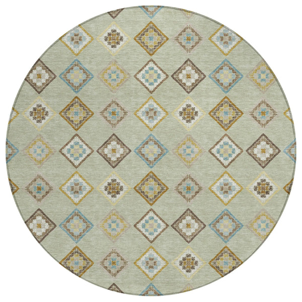8' Green And Khaki Round Geometric Washable Indoor Outdoor Area Rug Homeroots Outdoor