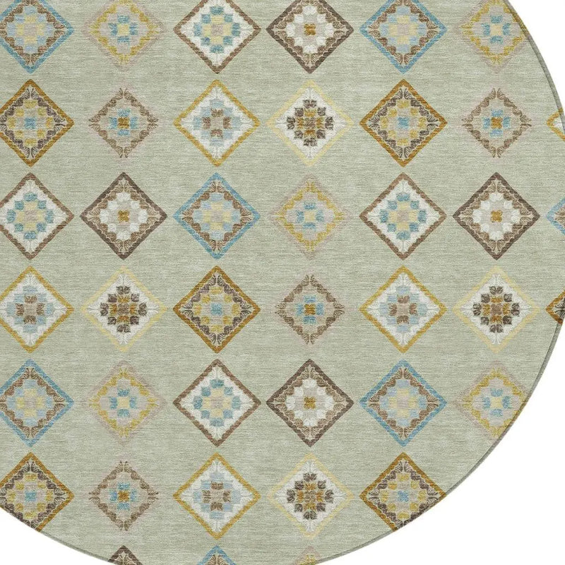 8' Green And Khaki Round Geometric Washable Indoor Outdoor Area Rug Homeroots Outdoor