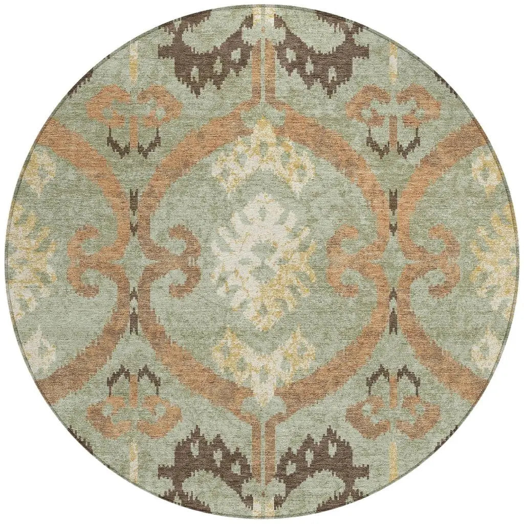 8' Green And Khaki Round Ikat Washable Indoor Outdoor Area Rug Homeroots Outdoor