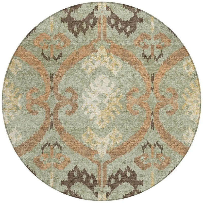 8' Green And Khaki Round Ikat Washable Indoor Outdoor Area Rug Homeroots Outdoor