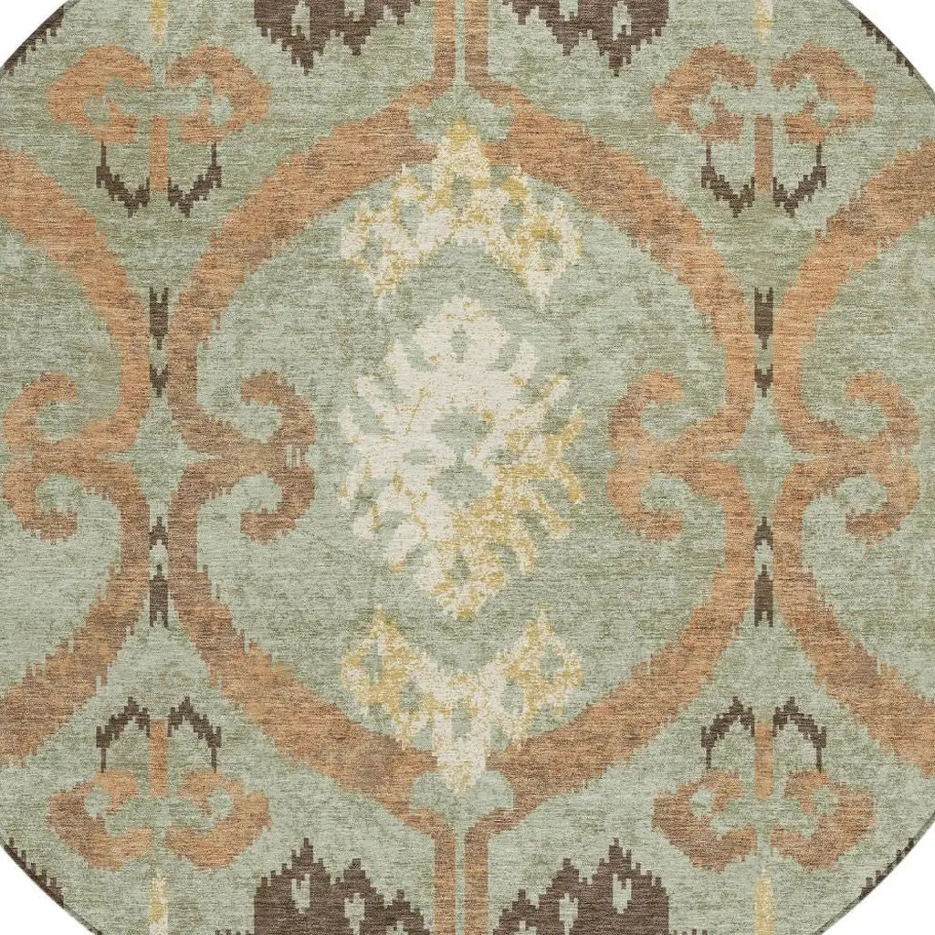 8' Green And Khaki Round Ikat Washable Indoor Outdoor Area Rug Homeroots Outdoor
