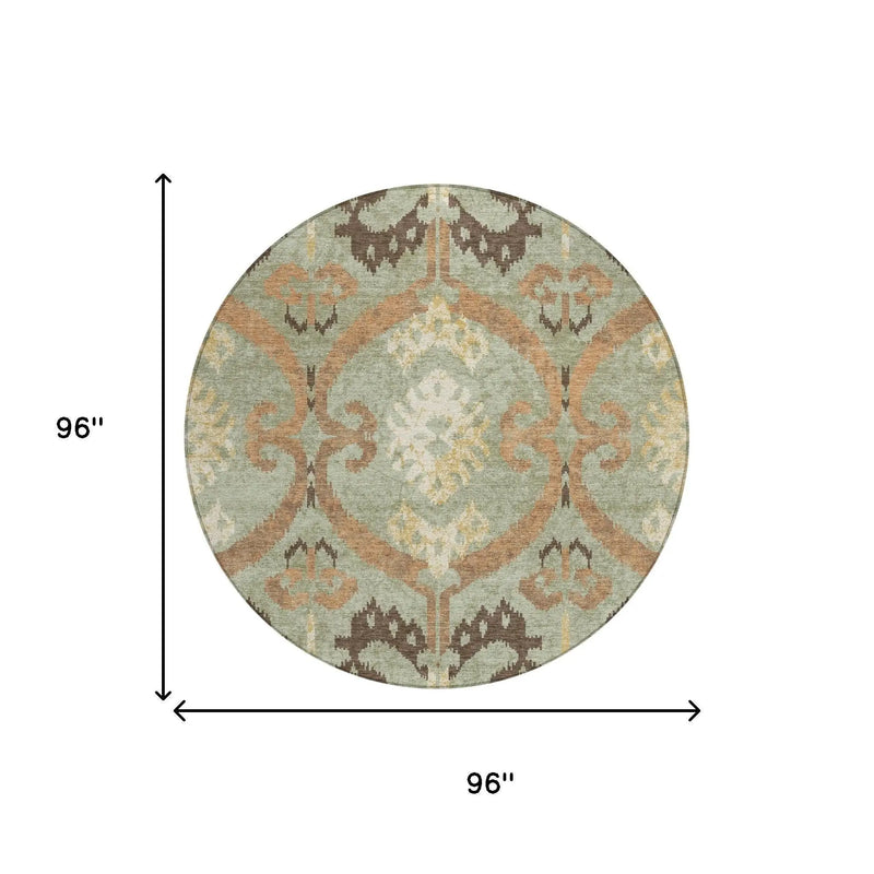 8' Green And Khaki Round Ikat Washable Indoor Outdoor Area Rug Homeroots Outdoor