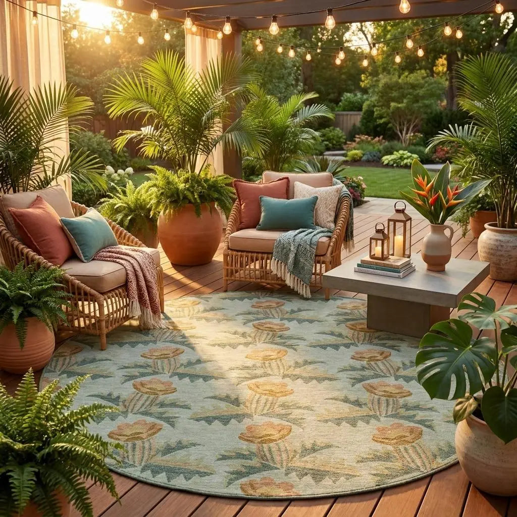 8' Green And Lavender Round Floral Washable Indoor Outdoor Area Rug Homeroots Outdoor