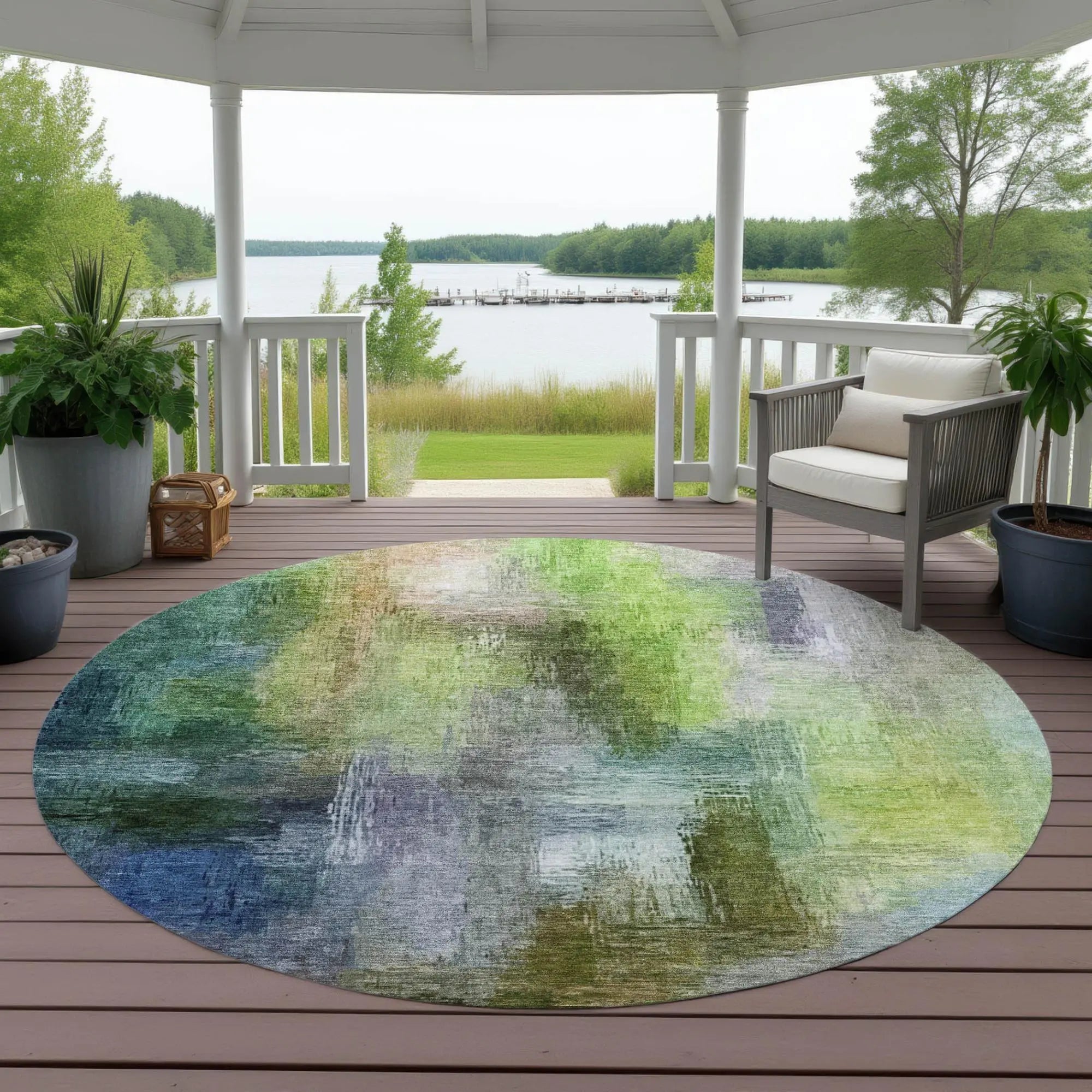 8' Green And Lime Green Round Abstract Washable Indoor Outdoor Area Rug Homeroots Outdoor