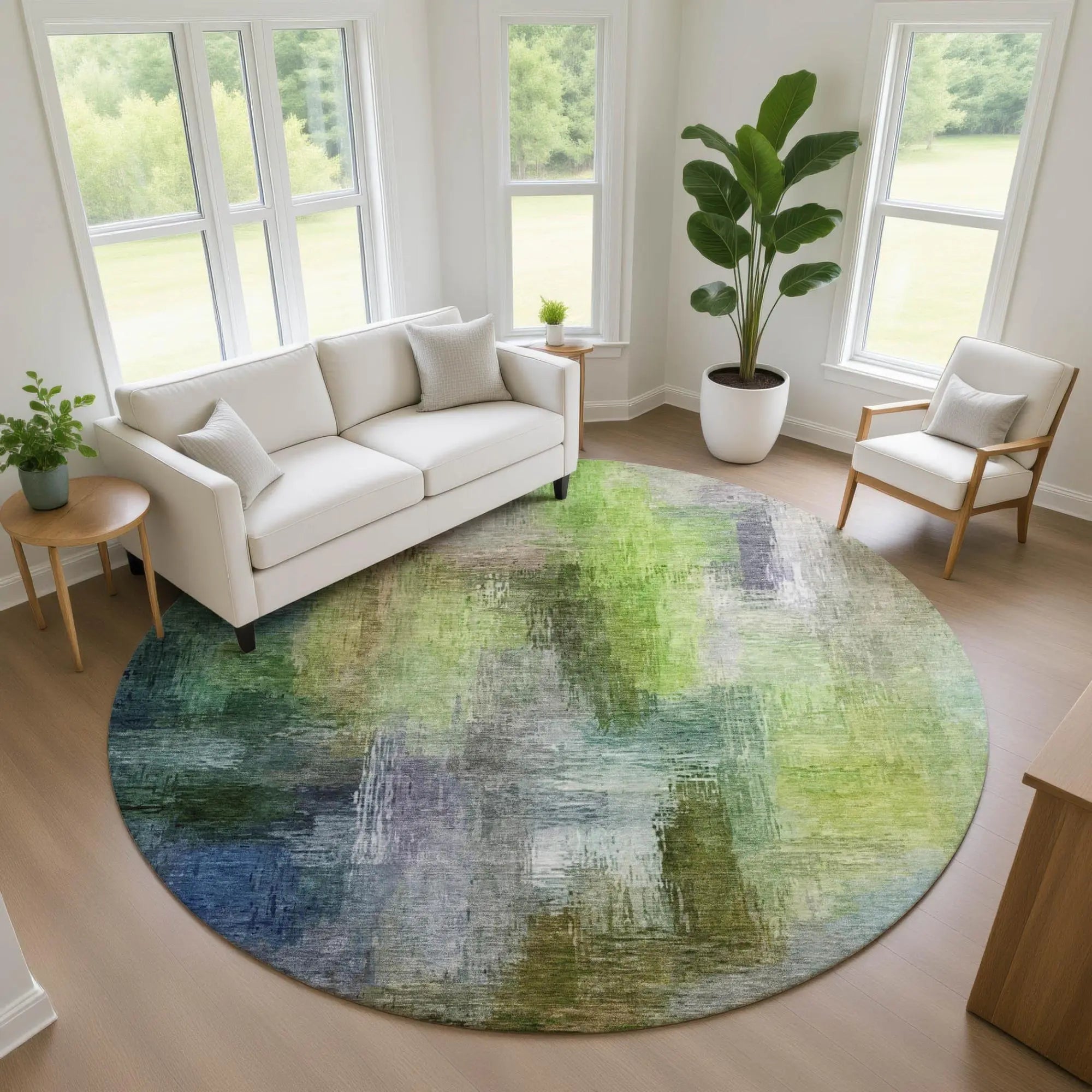 8' Green And Lime Green Round Abstract Washable Indoor Outdoor Area Rug Homeroots Outdoor