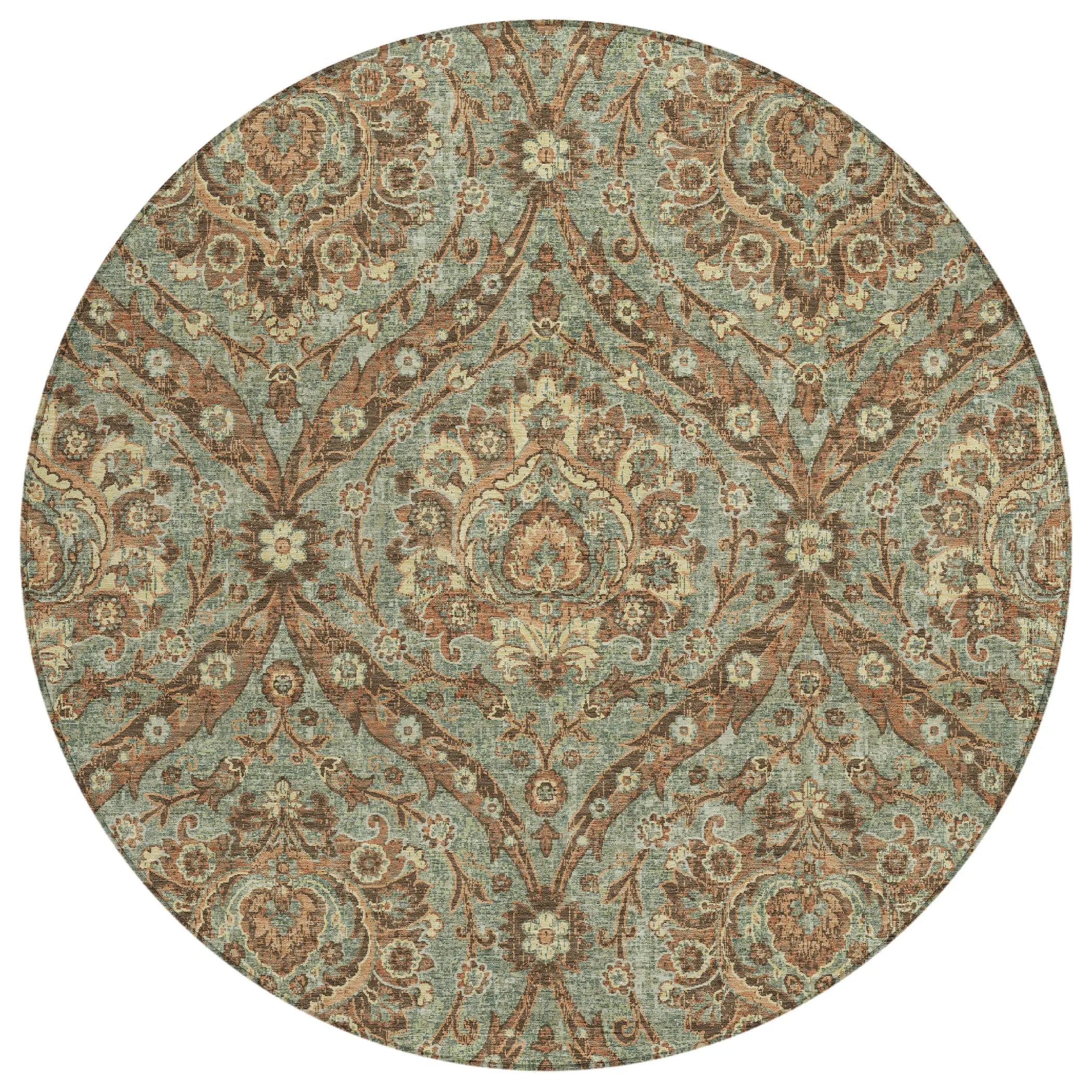 8' Green And Linen Round Floral Washable Indoor Outdoor Area Rug Homeroots Outdoor