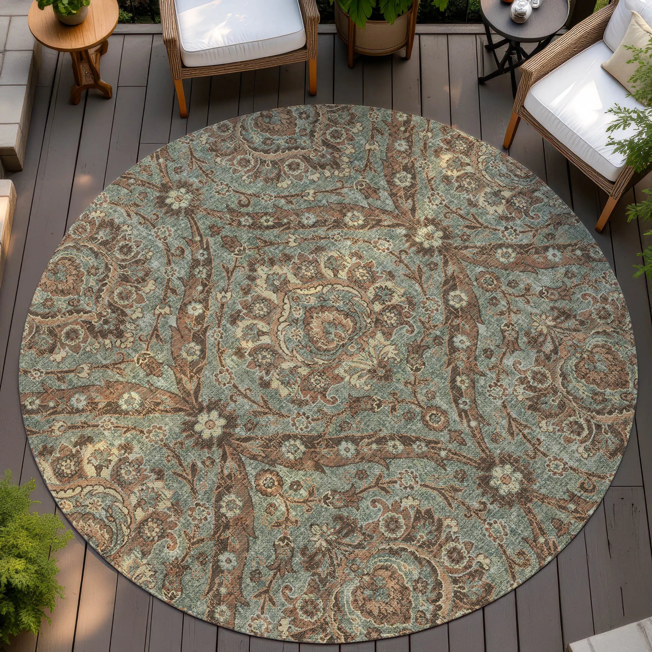 8' Green And Linen Round Floral Washable Indoor Outdoor Area Rug Homeroots Outdoor