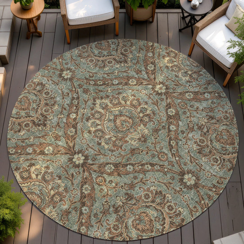 8' Green And Linen Round Floral Washable Indoor Outdoor Area Rug Homeroots Outdoor