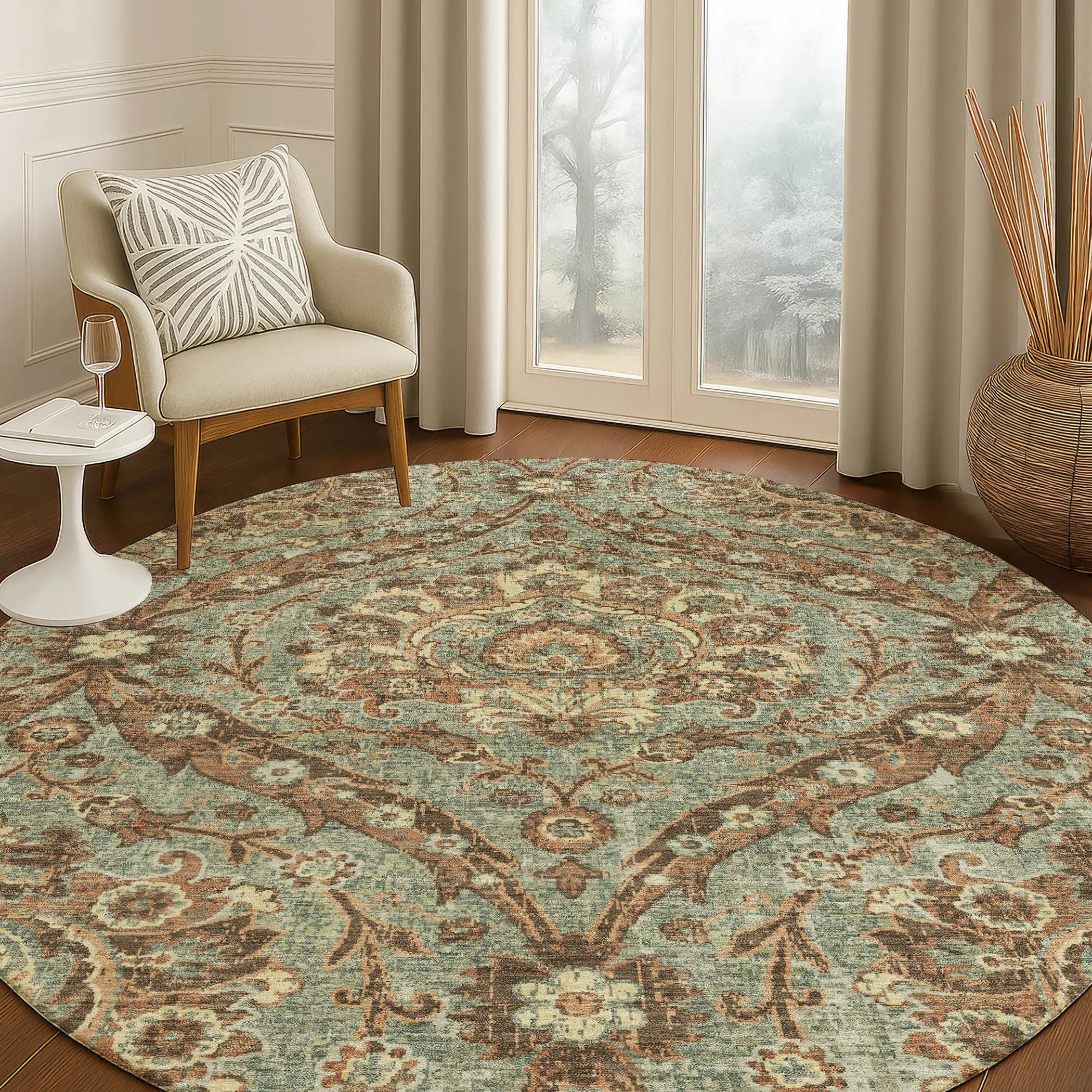8' Green And Linen Round Floral Washable Indoor Outdoor Area Rug Homeroots Outdoor