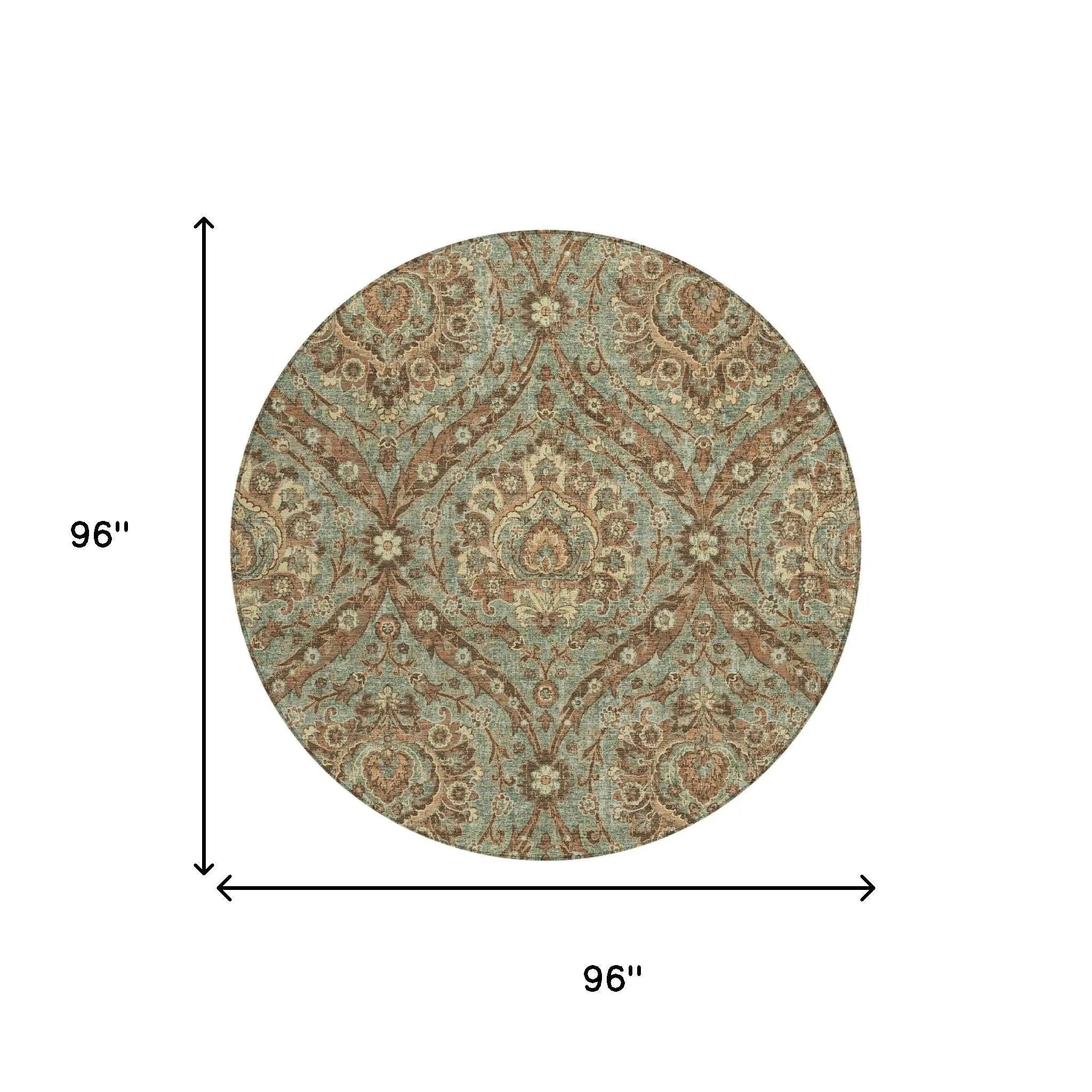 8' Green And Linen Round Floral Washable Indoor Outdoor Area Rug Homeroots Outdoor