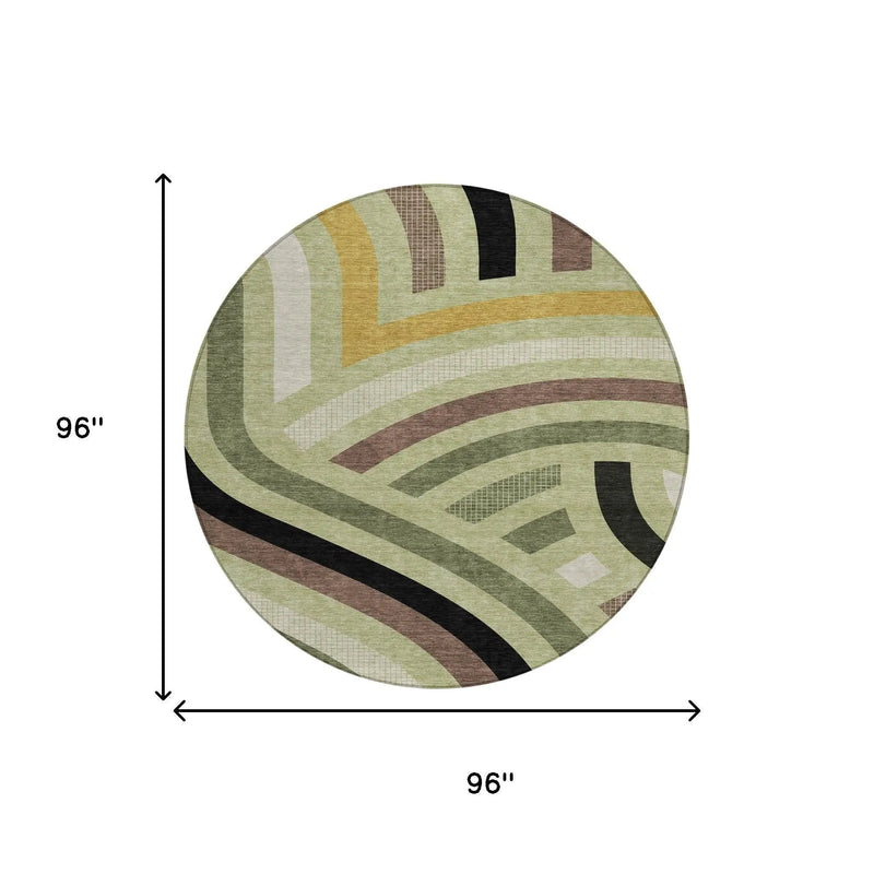 8' Green And Olive Green Round Abstract Washable Indoor Outdoor Area Rug Homeroots Outdoor