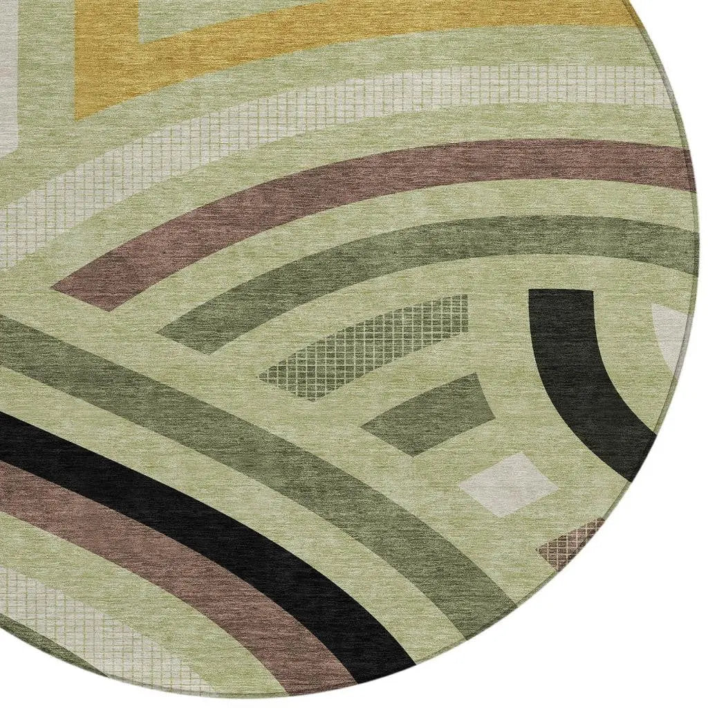 8' Green And Olive Green Round Abstract Washable Indoor Outdoor Area Rug Homeroots Outdoor