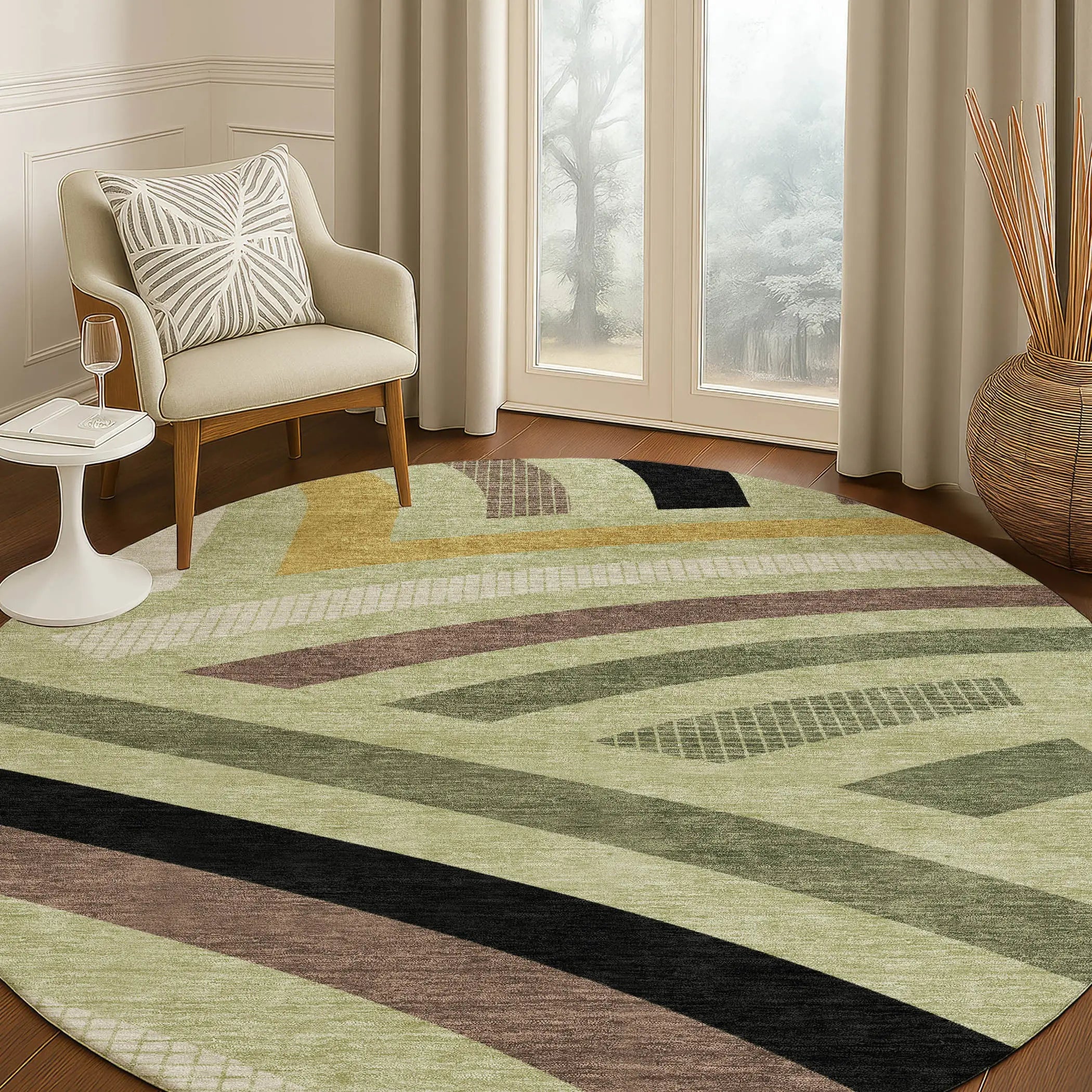 8' Green And Olive Green Round Abstract Washable Indoor Outdoor Area Rug Homeroots Outdoor