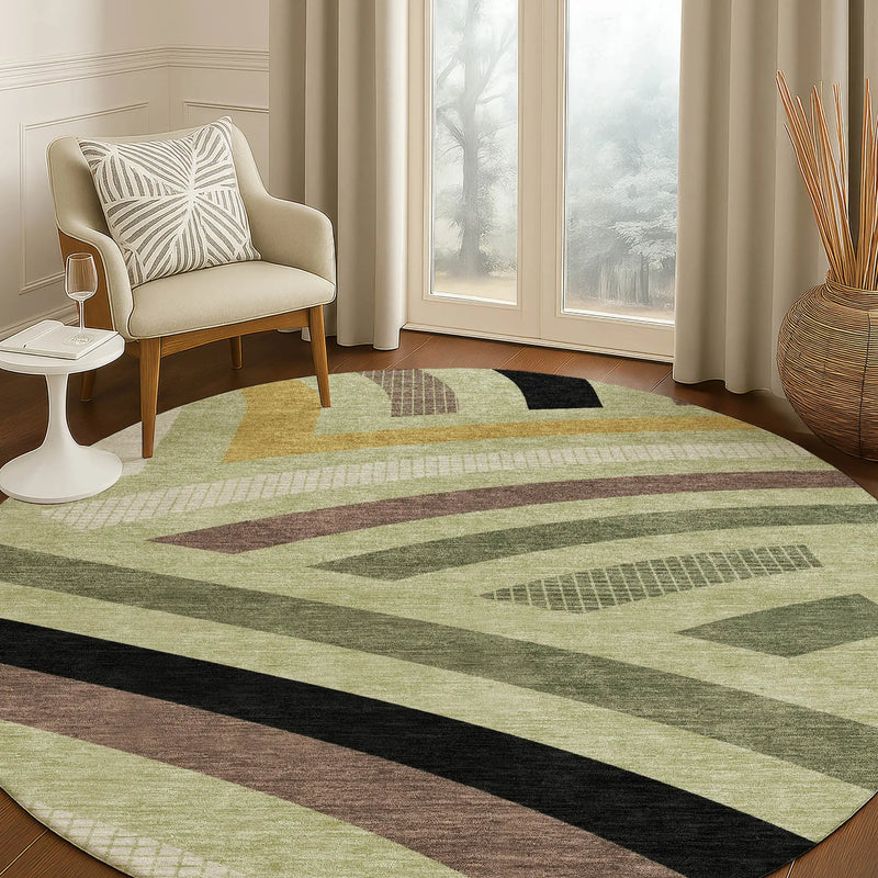 8' Green And Olive Green Round Abstract Washable Indoor Outdoor Area Rug Homeroots Outdoor