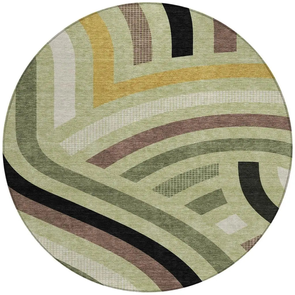 8' Green And Olive Green Round Abstract Washable Indoor Outdoor Area Rug Homeroots Outdoor