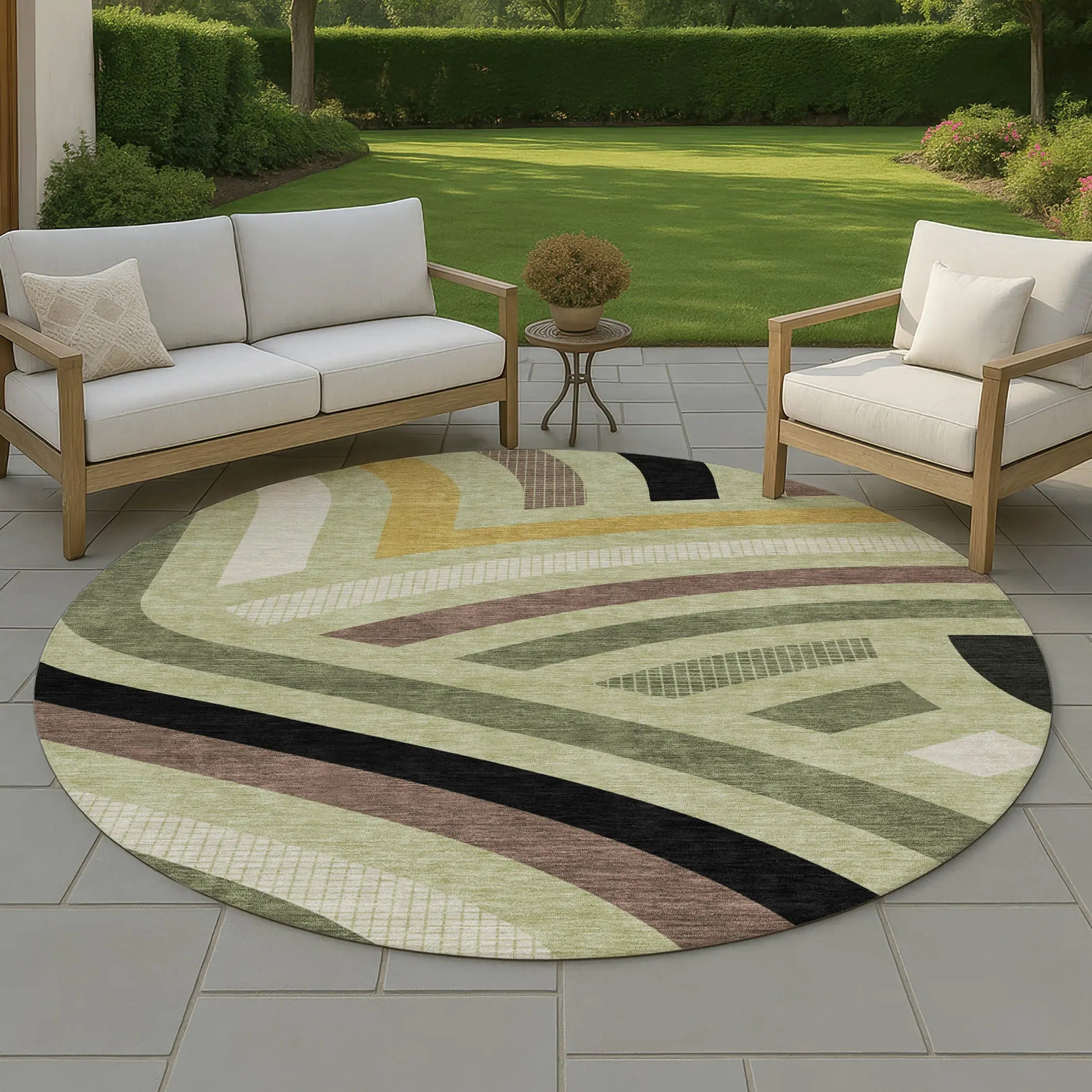 8' Green And Olive Green Round Abstract Washable Indoor Outdoor Area Rug Homeroots Outdoor