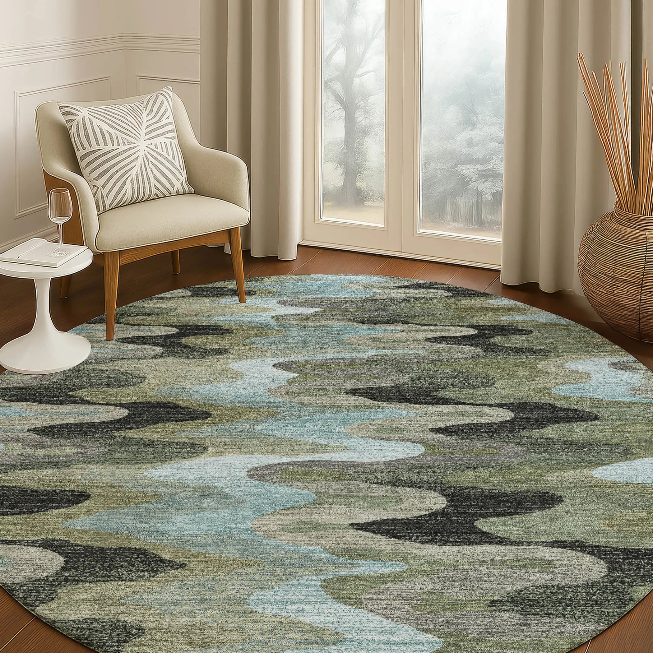 8' Green And Olive Green Round Abstract Washable Indoor Outdoor Area Rug Homeroots Outdoor
