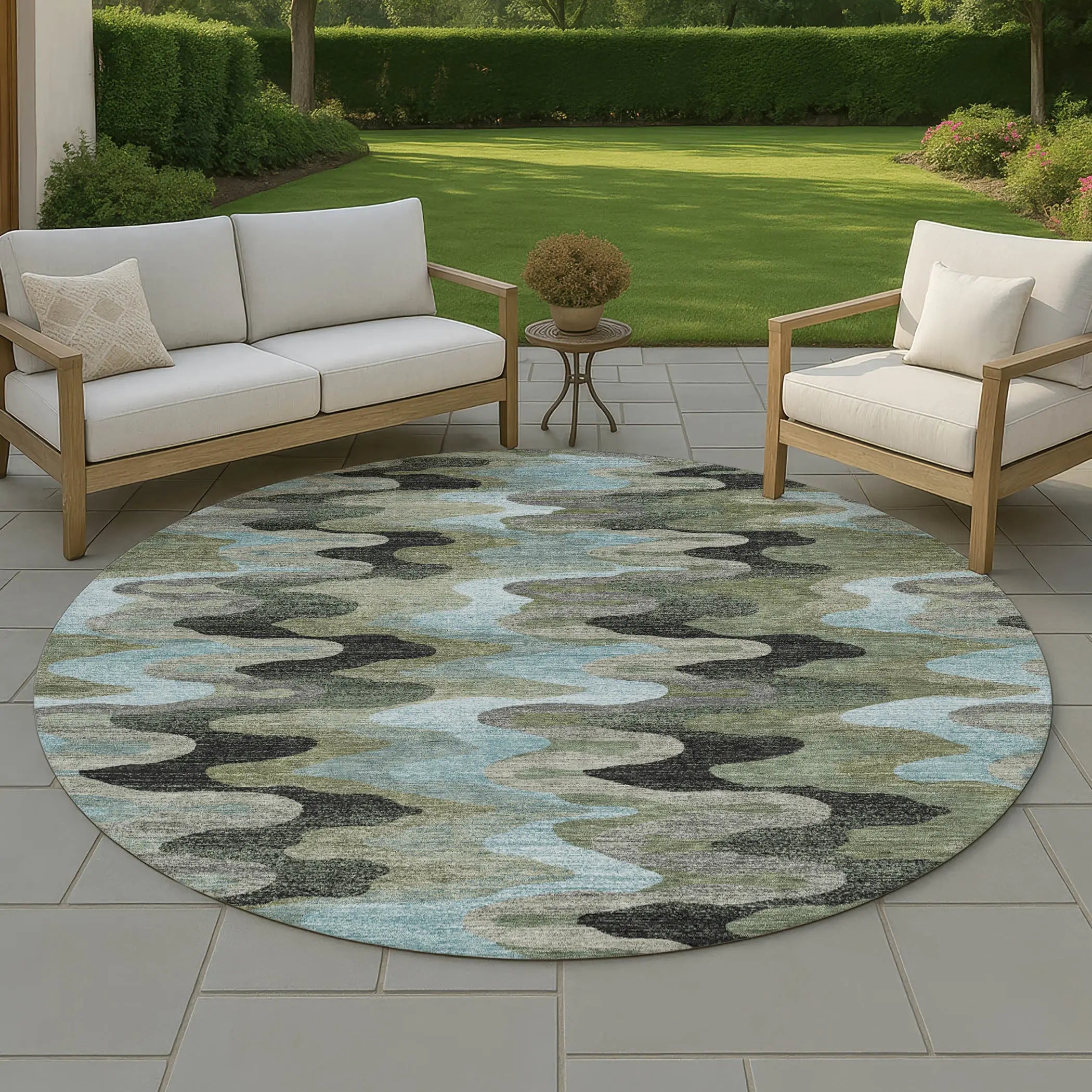 8' Green And Olive Green Round Abstract Washable Indoor Outdoor Area Rug Homeroots Outdoor