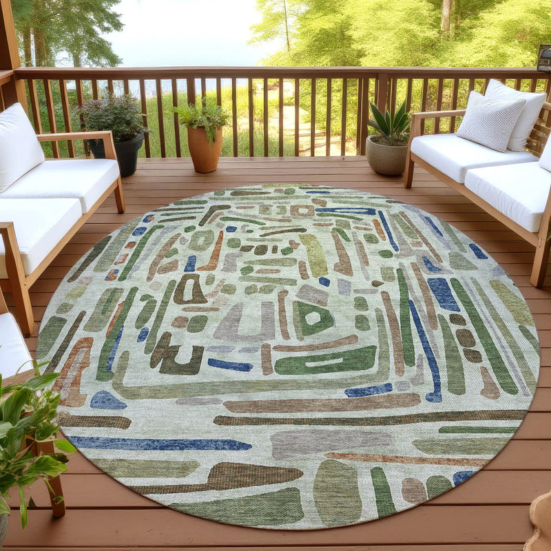 8' Green And Olive Green Round Abstract Washable Indoor Outdoor Area Rug Homeroots Outdoor