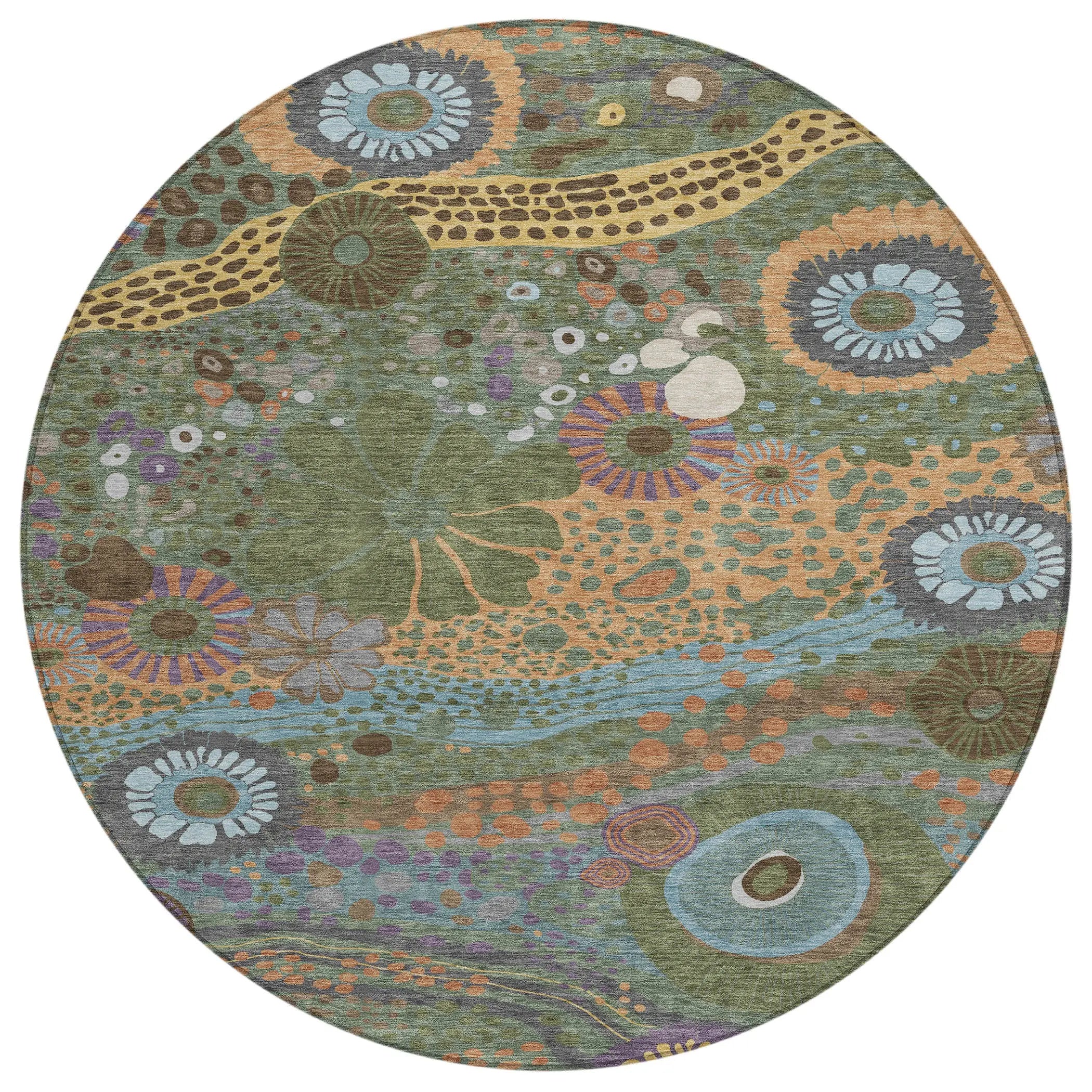 8' Green And Olive Green Round Floral Washable Indoor Outdoor Area Rug Homeroots Outdoor