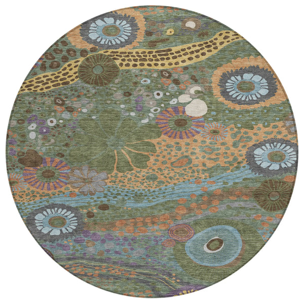 8' Green And Olive Green Round Floral Washable Indoor Outdoor Area Rug Homeroots Outdoor