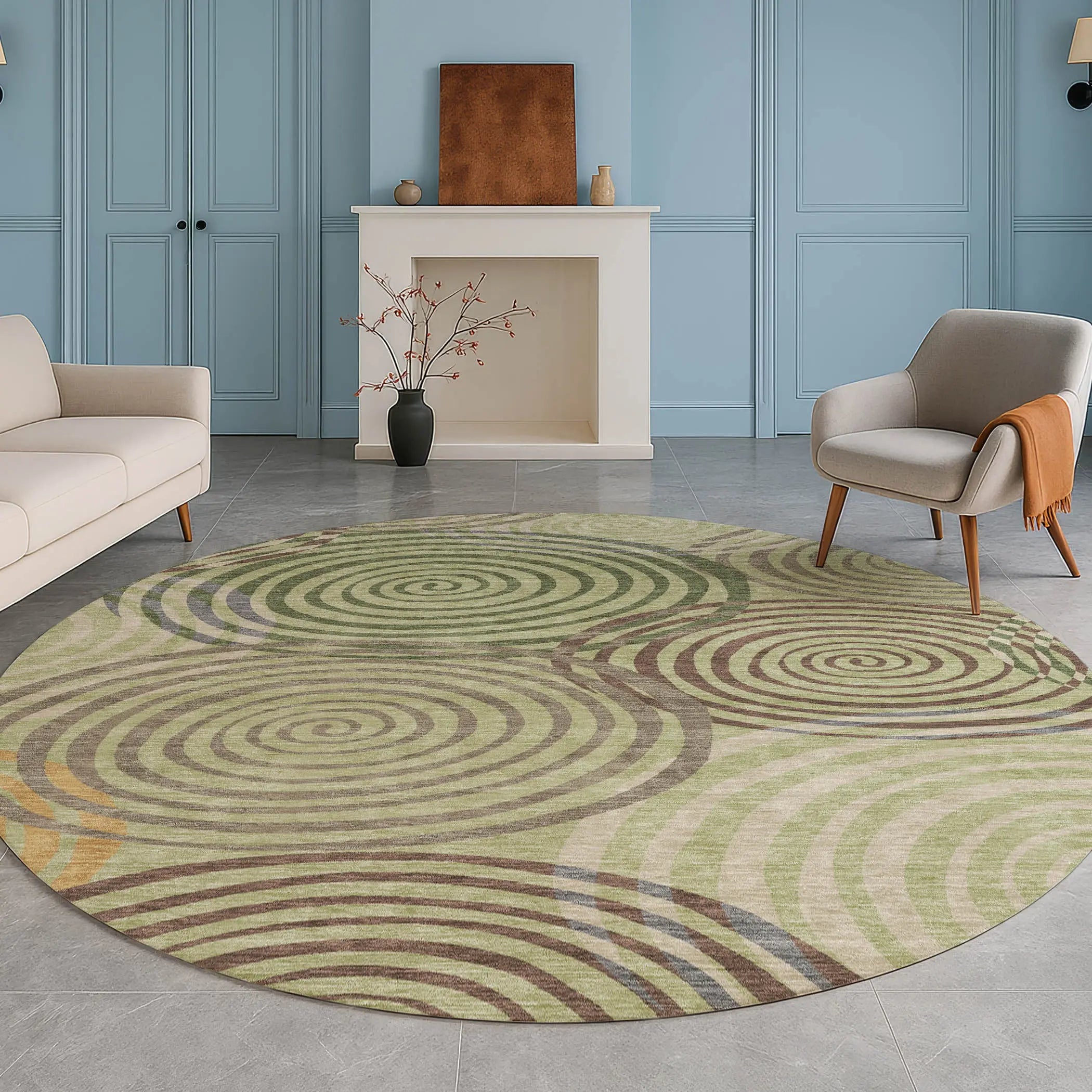 8' Green And Olive Green Round Geometric Washable Indoor Outdoor Area Rug Homeroots Outdoor