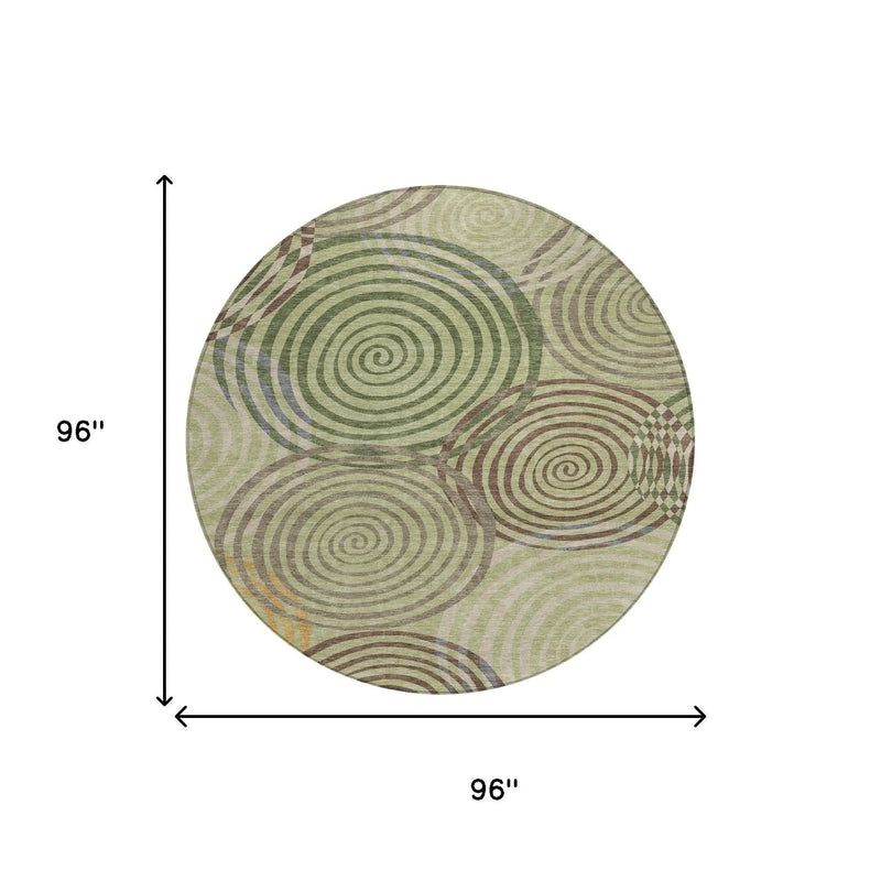 8' Green And Olive Green Round Geometric Washable Indoor Outdoor Area Rug Homeroots Outdoor