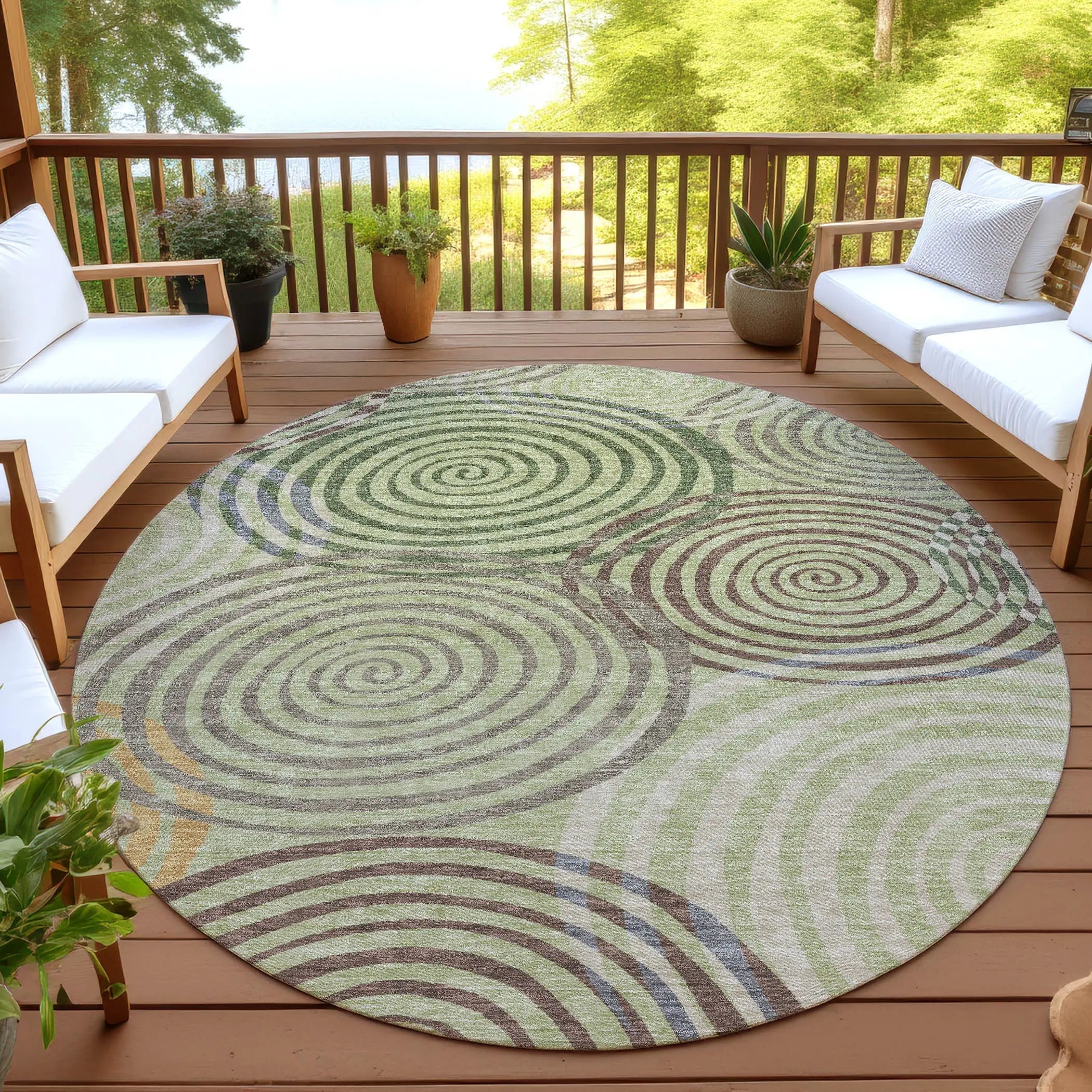 8' Green And Olive Green Round Geometric Washable Indoor Outdoor Area Rug Homeroots Outdoor