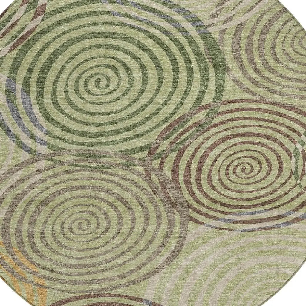 8' Green And Olive Green Round Geometric Washable Indoor Outdoor Area Rug Homeroots Outdoor