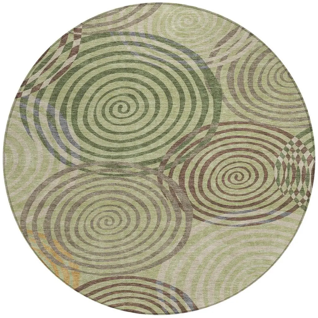 8' Green And Olive Green Round Geometric Washable Indoor Outdoor Area Rug Homeroots Outdoor