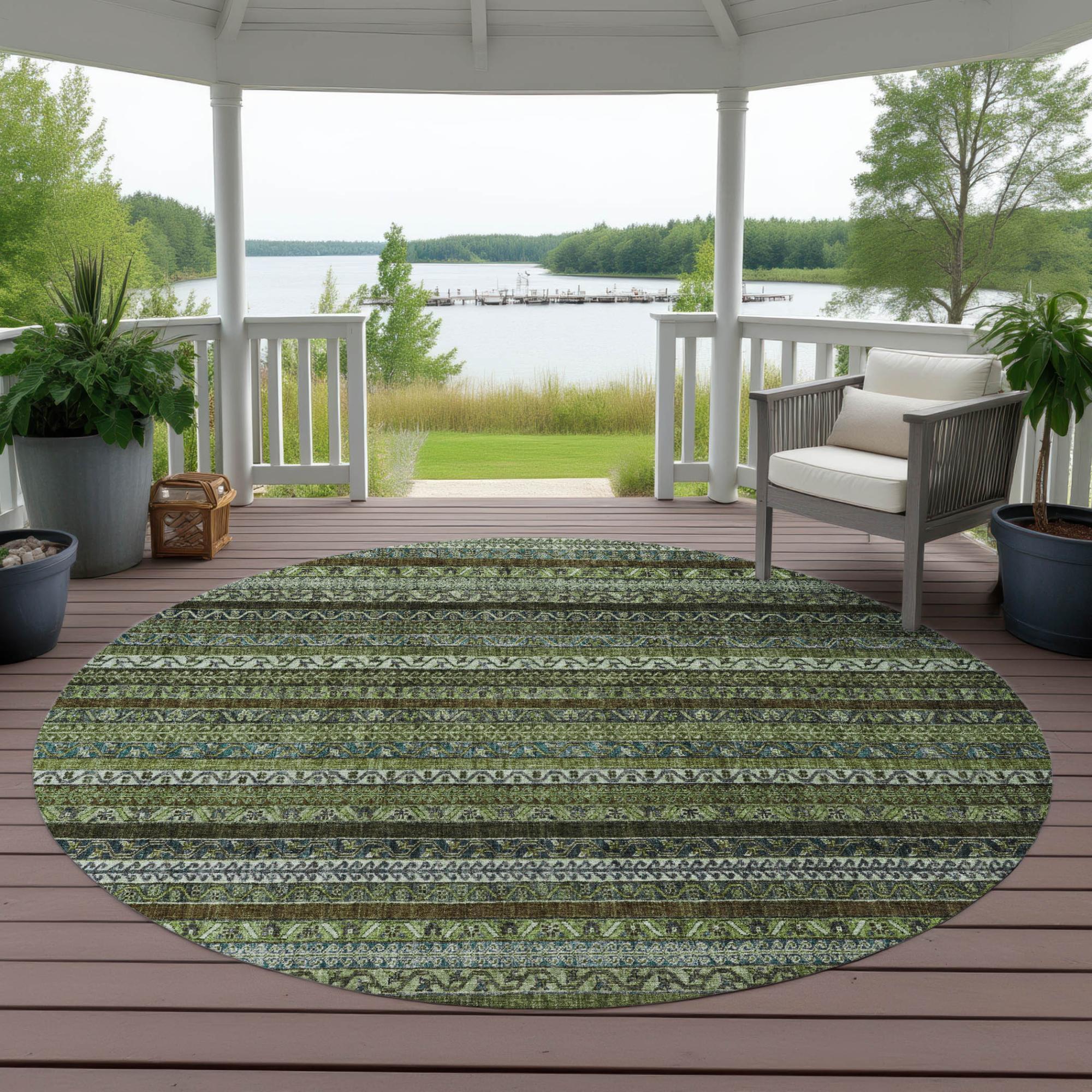 8' Green And Olive Green Round Striped Washable Indoor Outdoor Area Rug Homeroots Outdoor