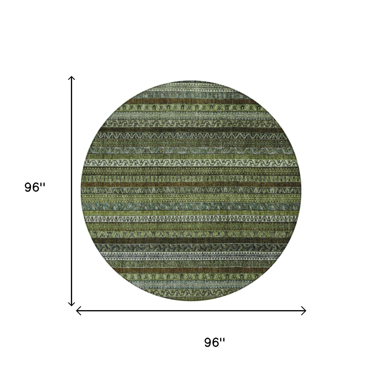 8' Green And Olive Green Round Striped Washable Indoor Outdoor Area Rug Homeroots Outdoor