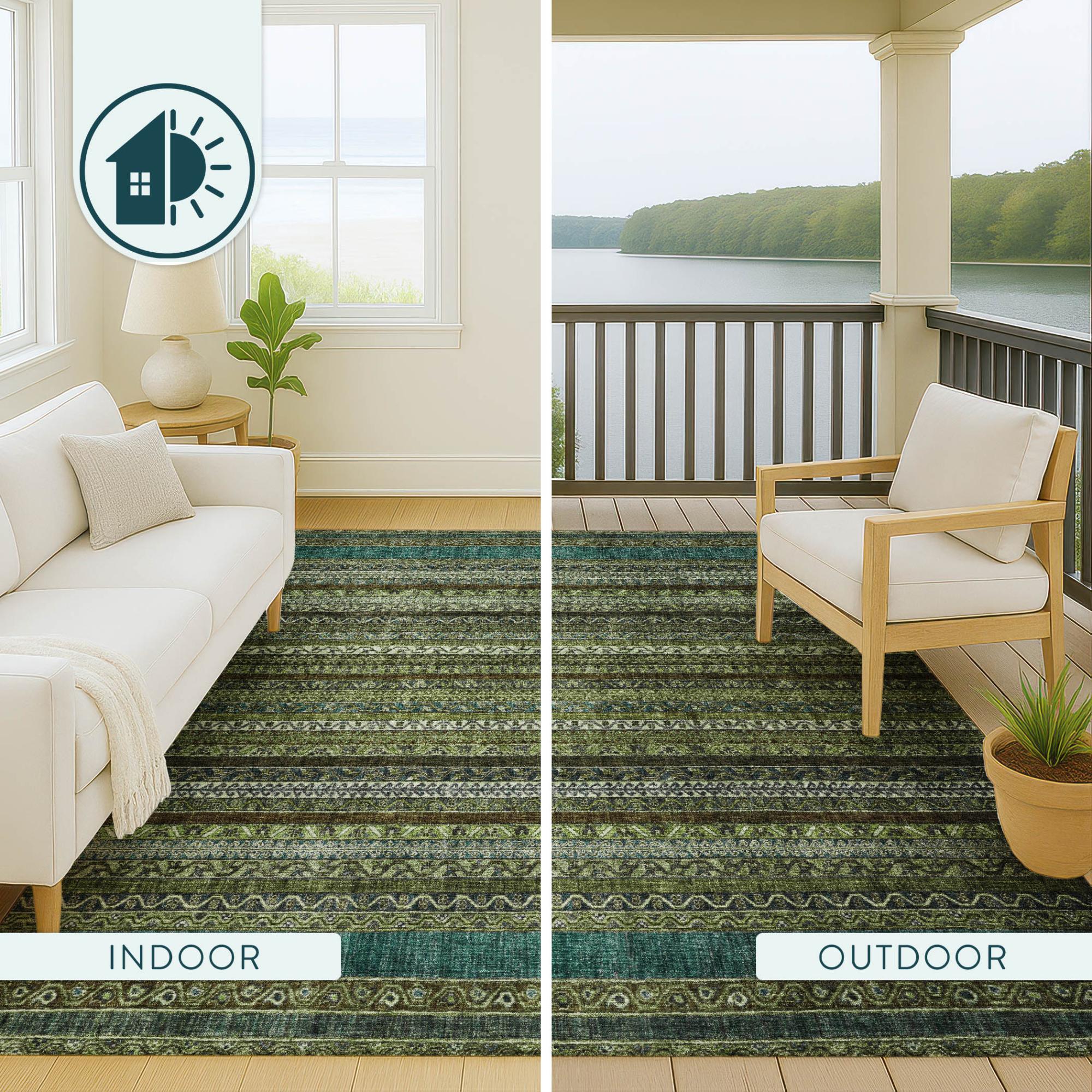 8' Green And Olive Green Round Striped Washable Indoor Outdoor Area Rug Homeroots Outdoor