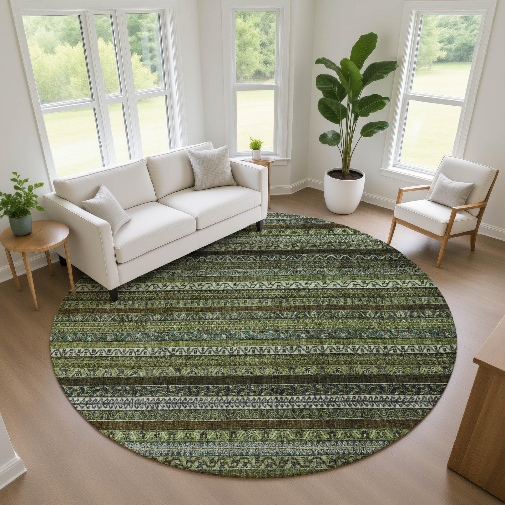 8' Green And Olive Green Round Striped Washable Indoor Outdoor Area Rug Homeroots Outdoor