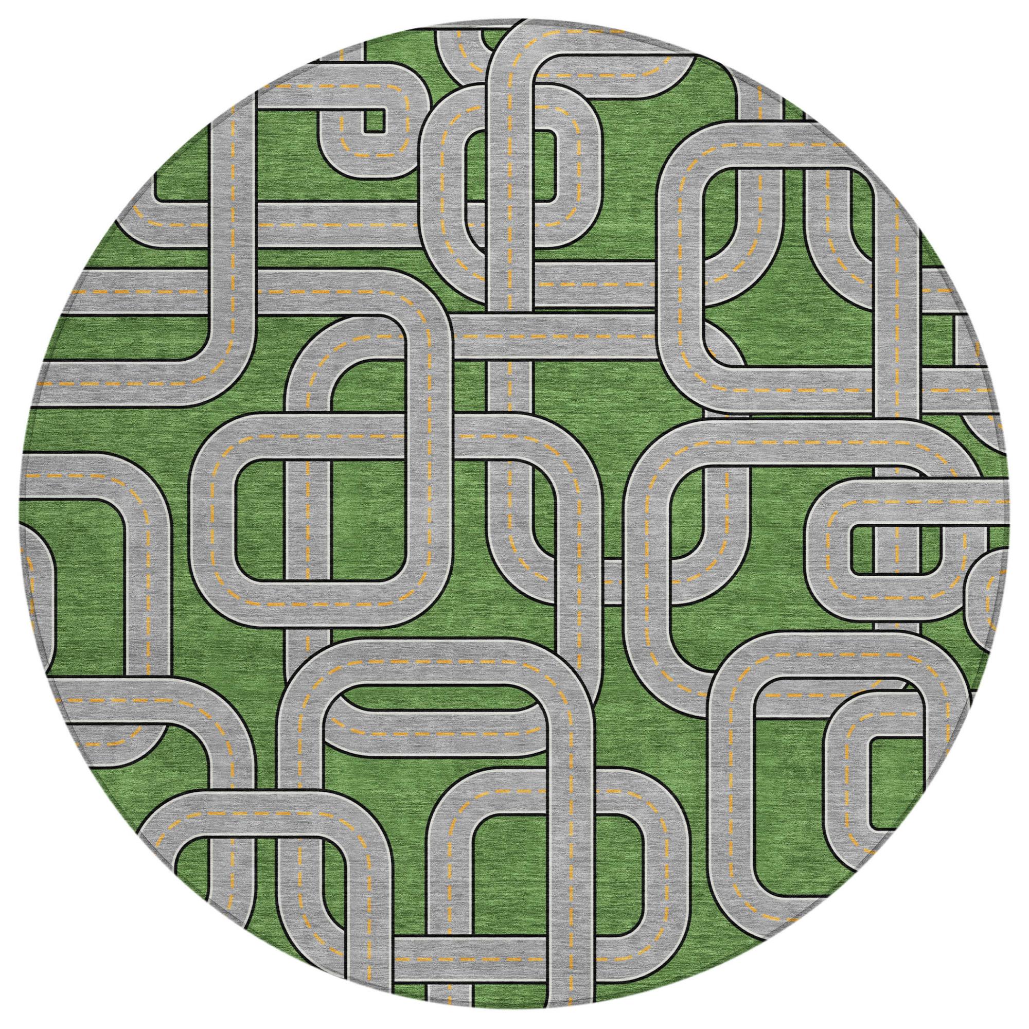 8' Green And Pewter Round Geometric Washable Indoor Outdoor Area Rug Homeroots Outdoor