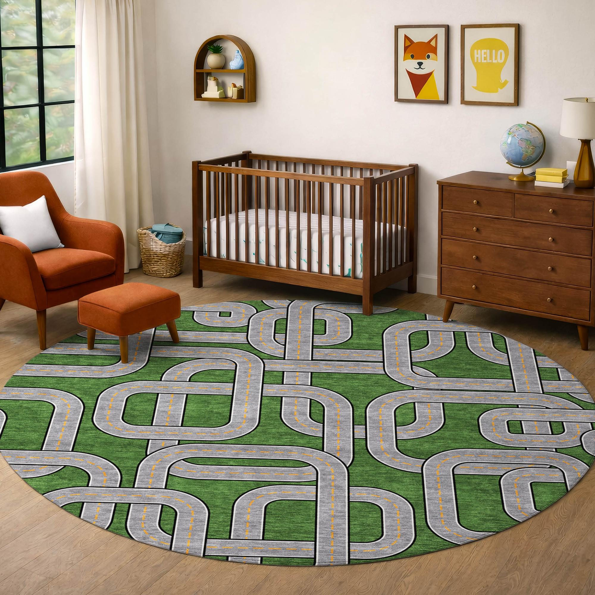 8' Green And Pewter Round Geometric Washable Indoor Outdoor Area Rug Homeroots Outdoor