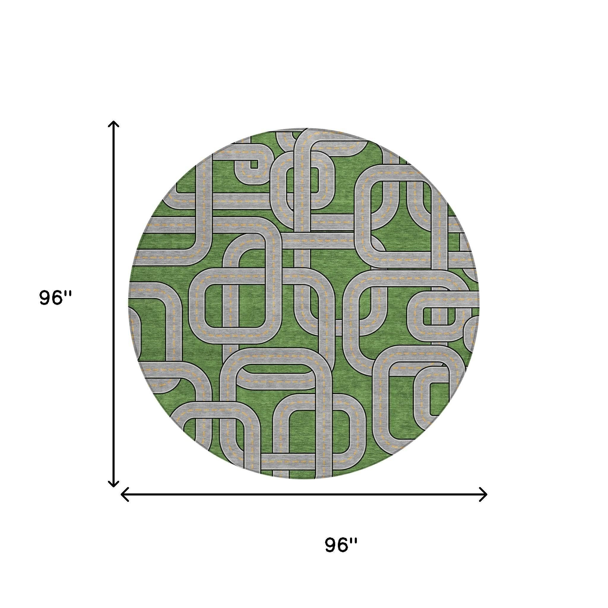8' Green And Pewter Round Geometric Washable Indoor Outdoor Area Rug Homeroots Outdoor