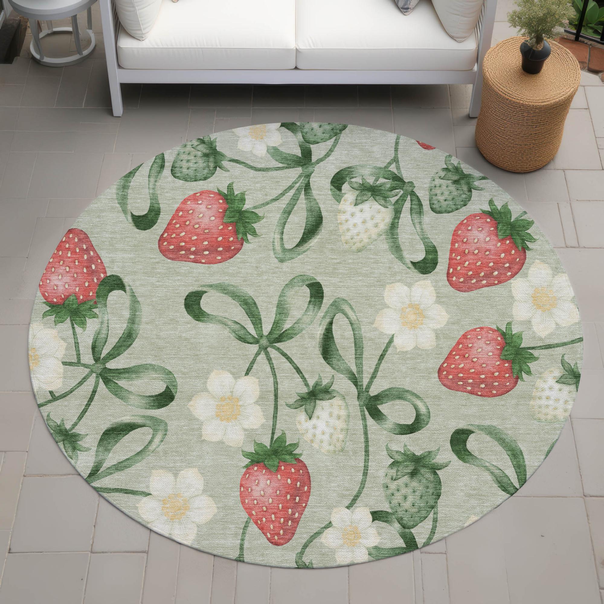 8' Green And Red Round Floral Washable Indoor Outdoor Area Rug Homeroots Outdoor