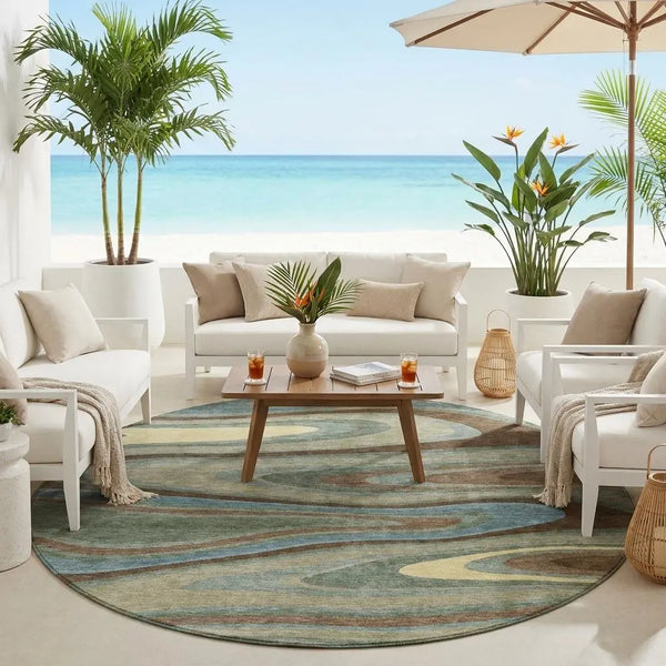 8' Green And Sage Round Abstract Washable Indoor Outdoor Area Rug Homeroots Outdoor