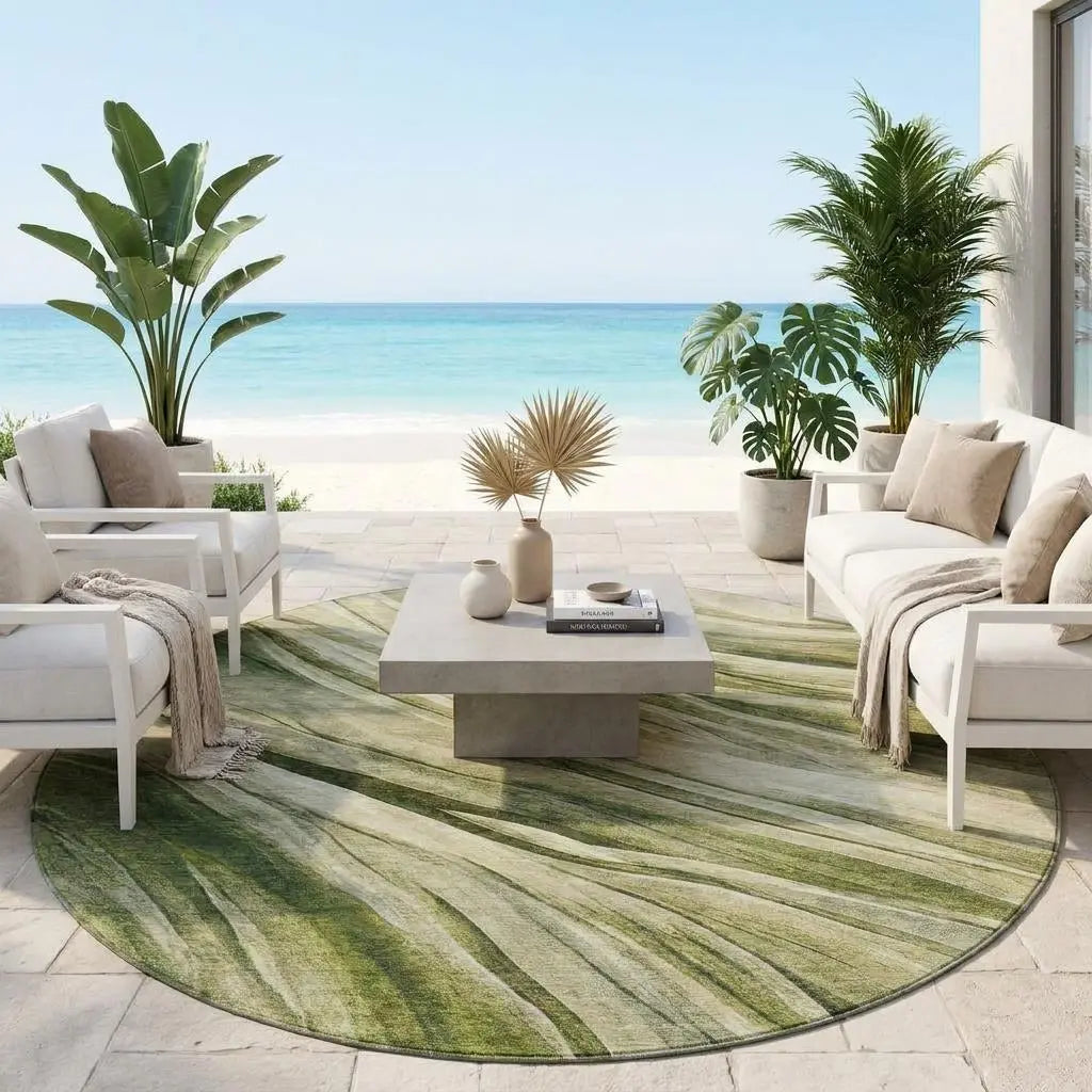 8' Green And Sage Round Abstract Washable Indoor Outdoor Area Rug Homeroots Outdoor