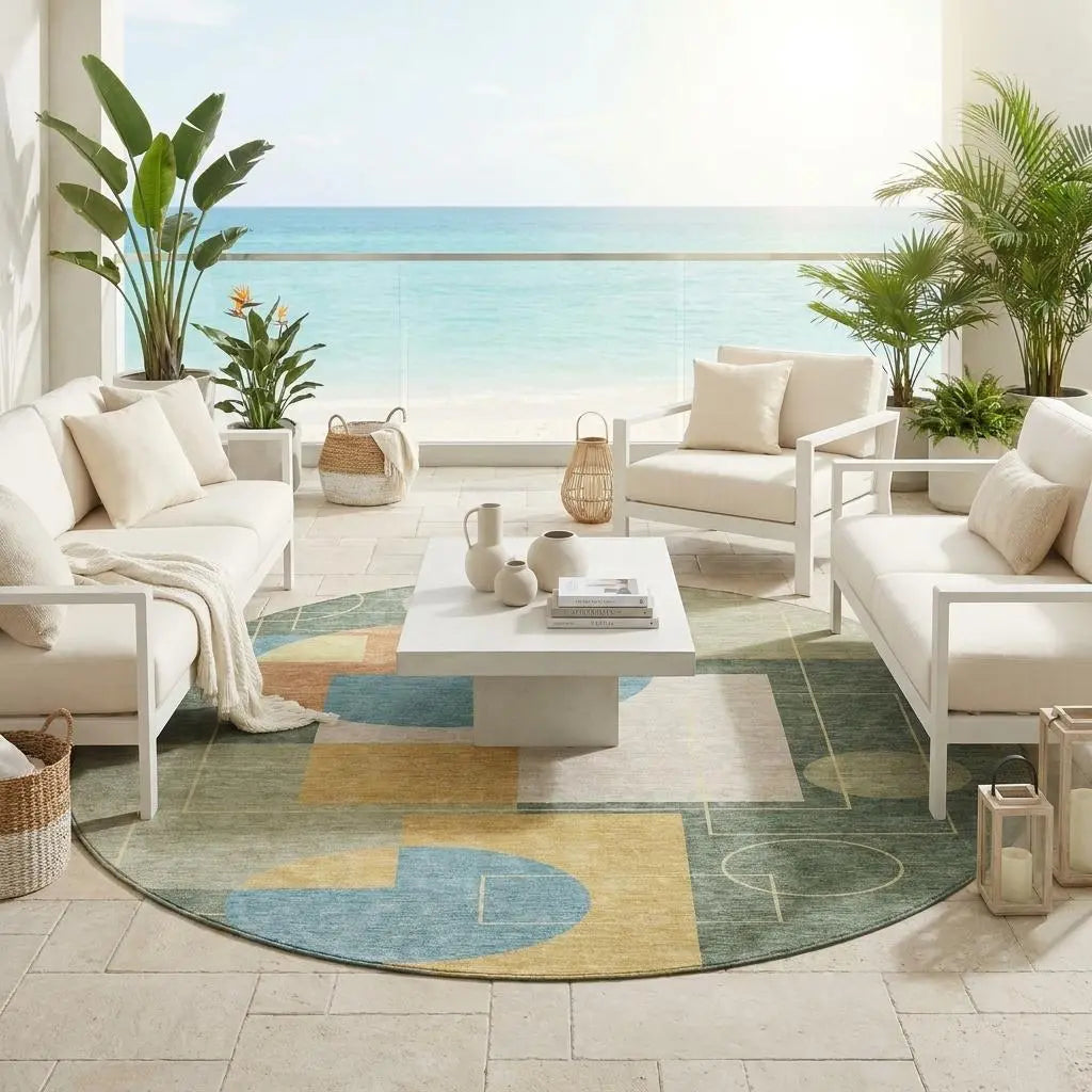 8' Green And Sage Round Geometric Washable Indoor Outdoor Area Rug Homeroots Outdoor