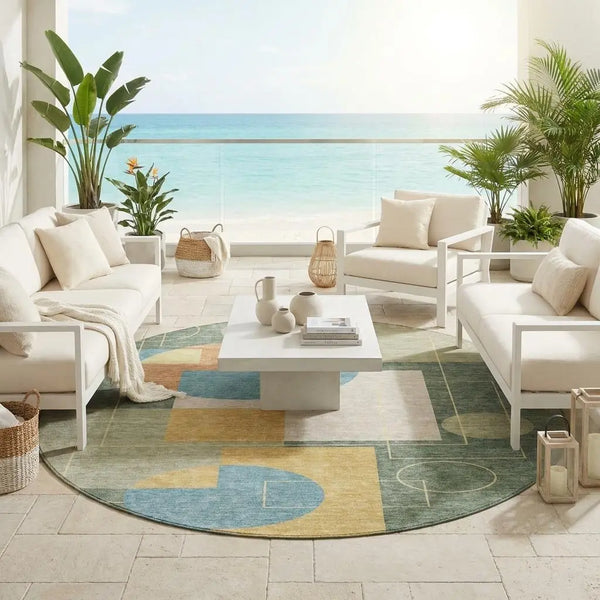 8' Green And Sage Round Geometric Washable Indoor Outdoor Area Rug Homeroots Outdoor