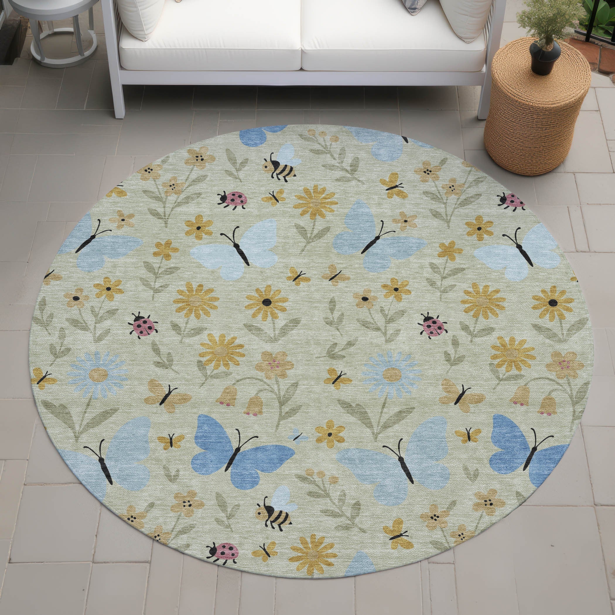 8' Green And Silver Round Abstract Washable Indoor Outdoor Area Rug Homeroots Outdoor