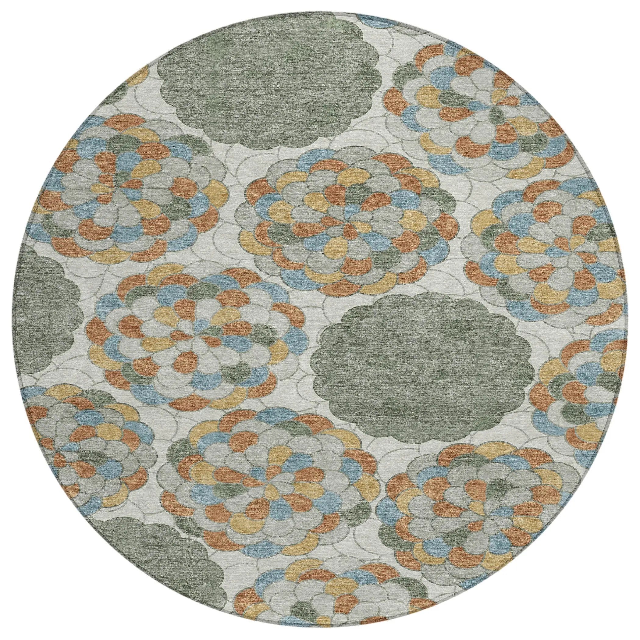 8' Green And Silver Round Floral Washable Indoor Outdoor Area Rug Homeroots Outdoor