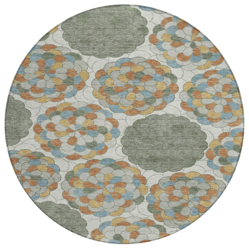 8' Green And Silver Round Floral Washable Indoor Outdoor Area Rug Homeroots Outdoor
