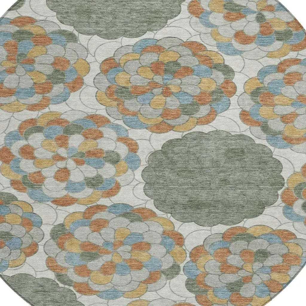 8' Green And Silver Round Floral Washable Indoor Outdoor Area Rug Homeroots Outdoor