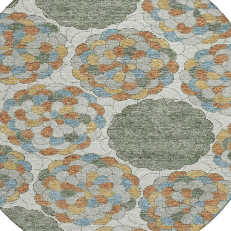 8' Green And Silver Round Floral Washable Indoor Outdoor Area Rug Homeroots Outdoor