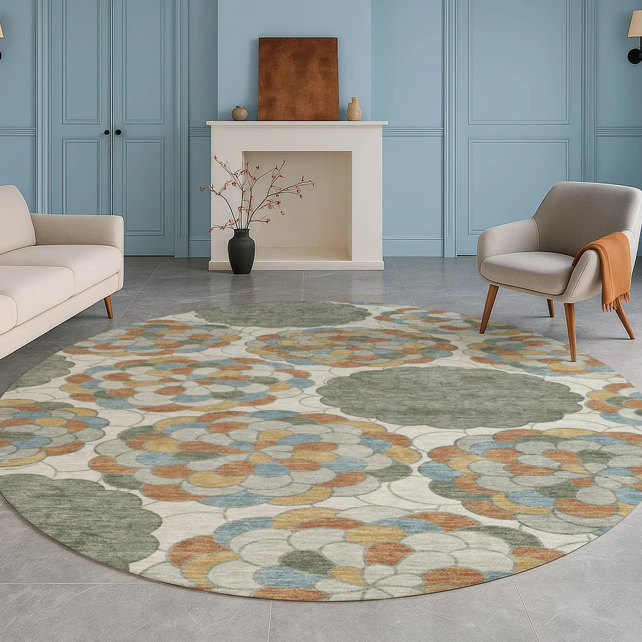 8' Green And Silver Round Floral Washable Indoor Outdoor Area Rug Homeroots Outdoor