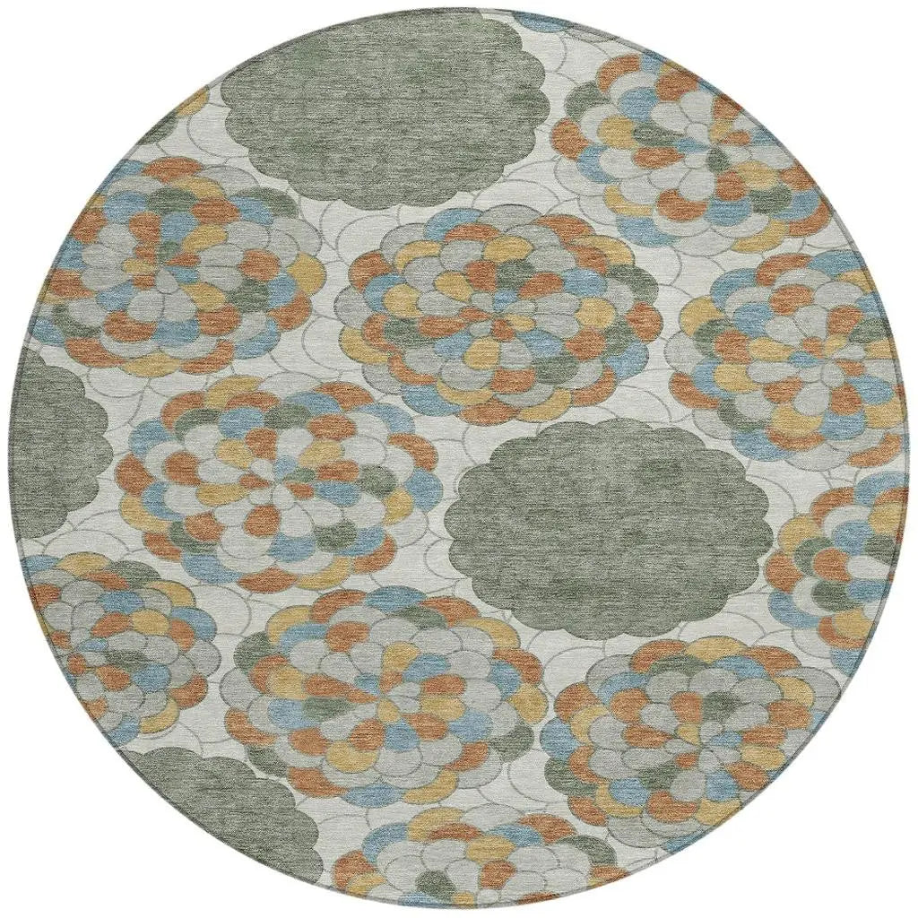 8' Green And Silver Round Floral Washable Indoor Outdoor Area Rug Homeroots Outdoor