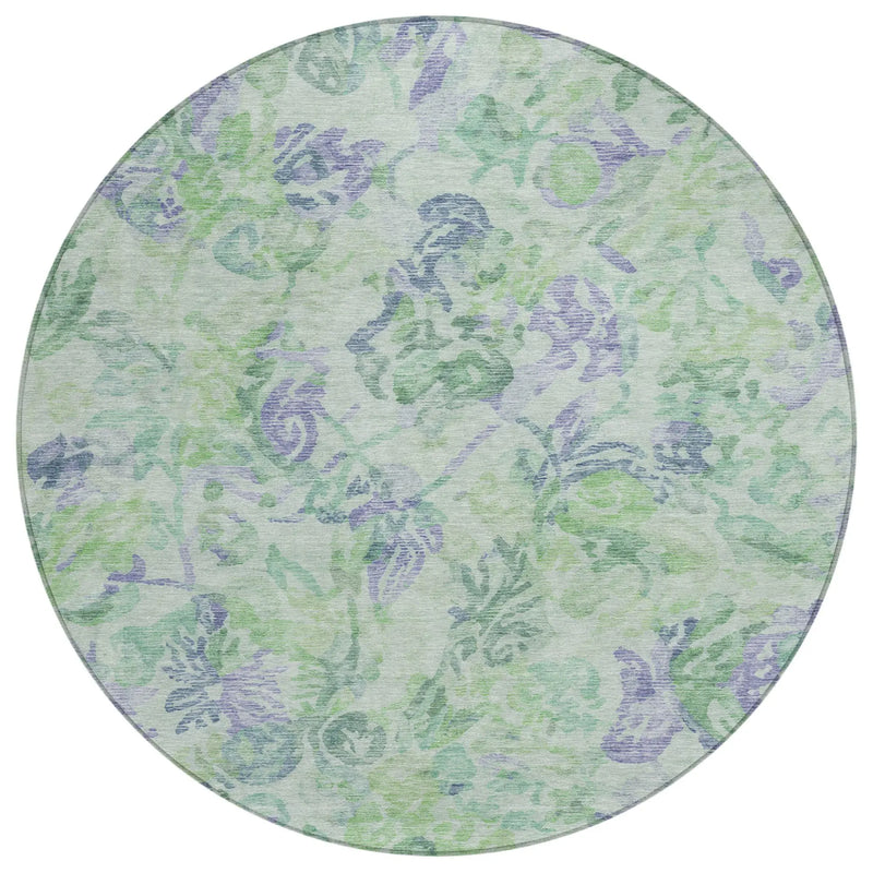 8' Green And Silver Round Floral Washable Indoor Outdoor Area Rug Homeroots Outdoor